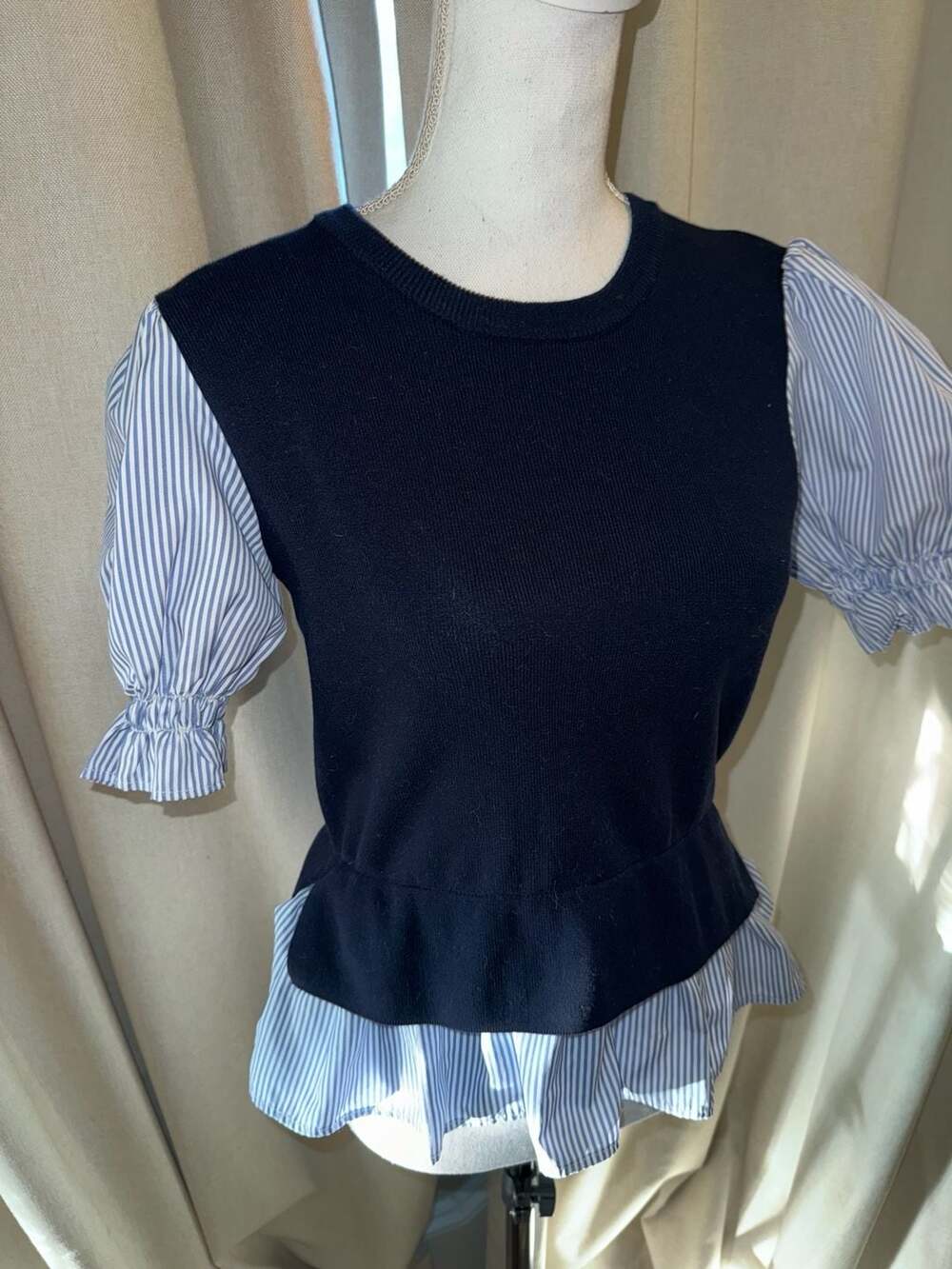 Nanette Nanette Lepore Sweater Size S Blue Striped Puff Sleeve Twofer